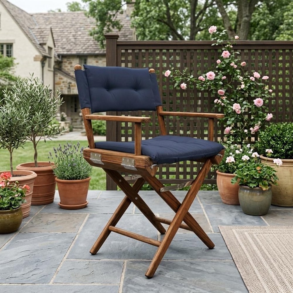 Navy Blue and Brown Solid Wood Indoor Outdoor Director Chair with Navy Blue Cushion