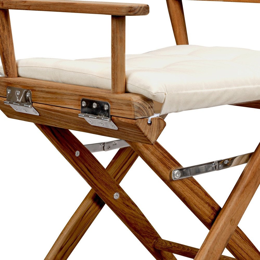 Natural Solid Wood Outdoor Folding Director Chair with Cream Cushion