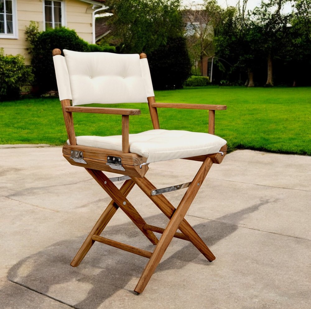 Natural Solid Wood Outdoor Folding Director Chair with Cream Cushion