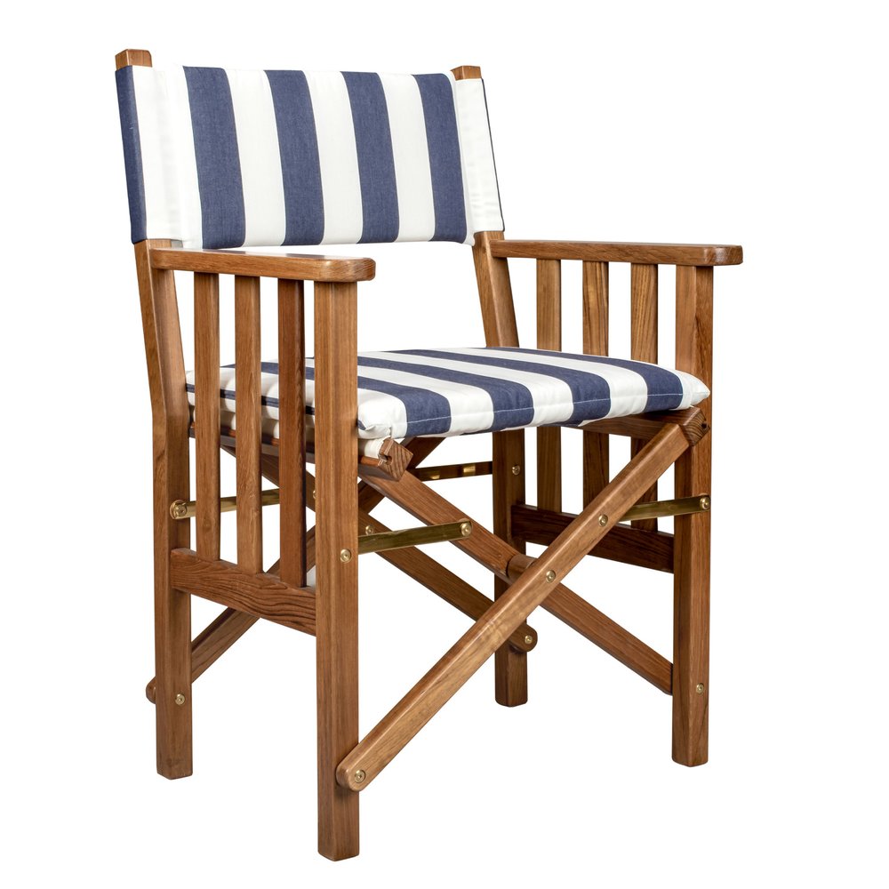 Blue and White and Natural Wood Solid Wood Indoor Outdoor Director Chair with Blue and White Cushion