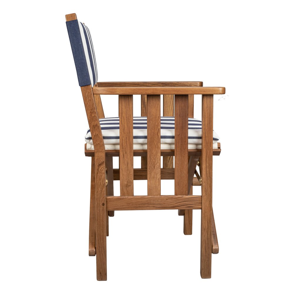 Blue and White and Natural Wood Solid Wood Indoor Outdoor Director Chair with Blue and White Cushion