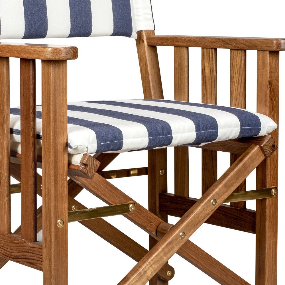 Blue and White and Natural Wood Solid Wood Indoor Outdoor Director Chair with Blue and White Cushion