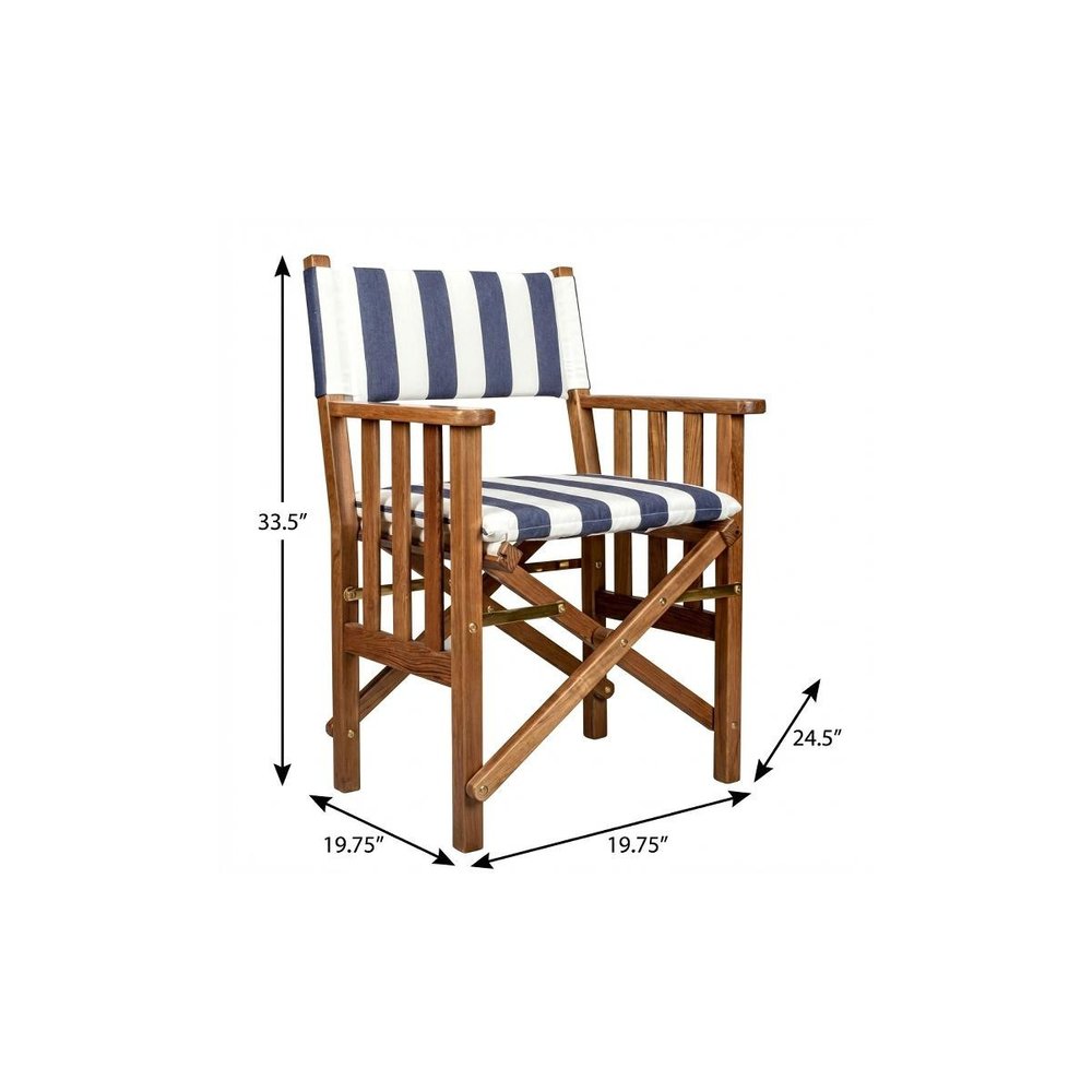 Blue and White and Natural Wood Solid Wood Indoor Outdoor Director Chair with Blue and White Cushion