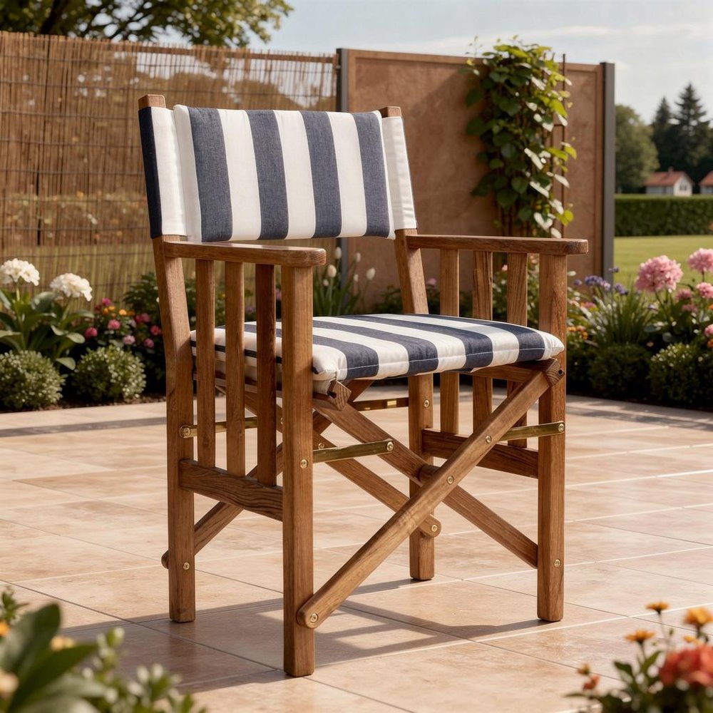 Blue and White and Natural Wood Solid Wood Indoor Outdoor Director Chair with Blue and White Cushion