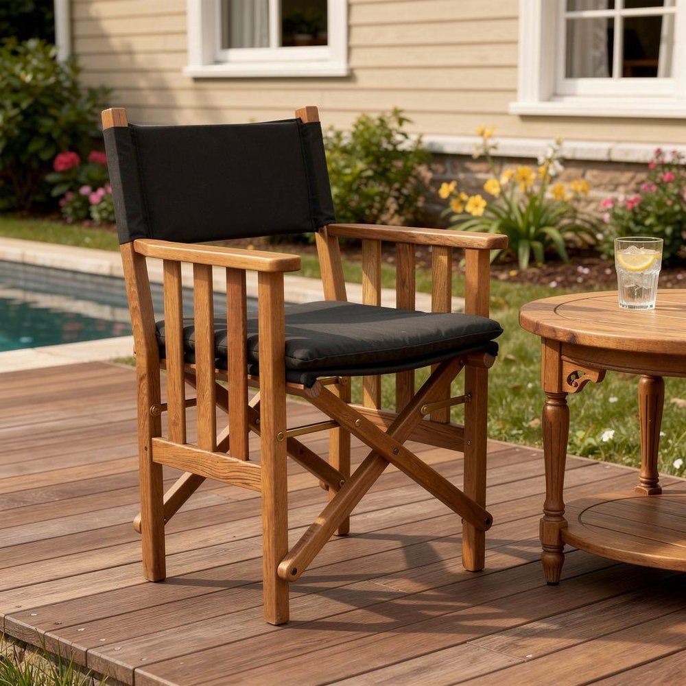 Black and Natural Wood Solid Wood Indoor Outdoor Director Chair with Black Cushion