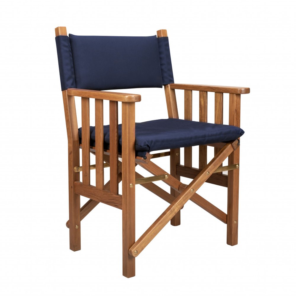 Navy Blue and Natural Wood Solid Wood Indoor Outdoor Director Chair with Navy Blue Cushion
