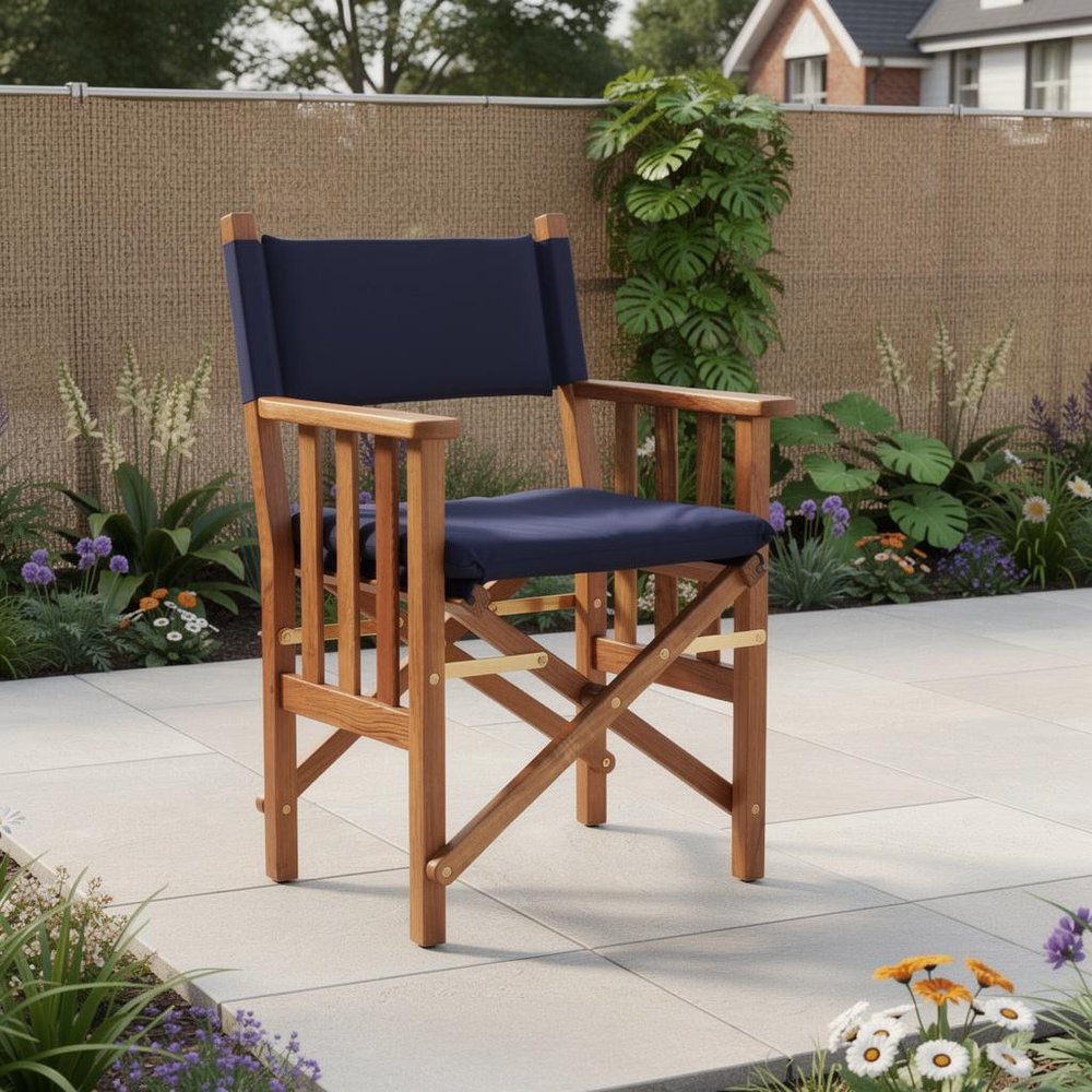 Navy Blue and Natural Wood Solid Wood Indoor Outdoor Director Chair with Navy Blue Cushion