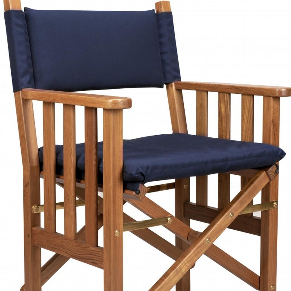 Navy Blue and Natural Wood Solid Wood Indoor Outdoor Director Chair with Navy Blue Cushion