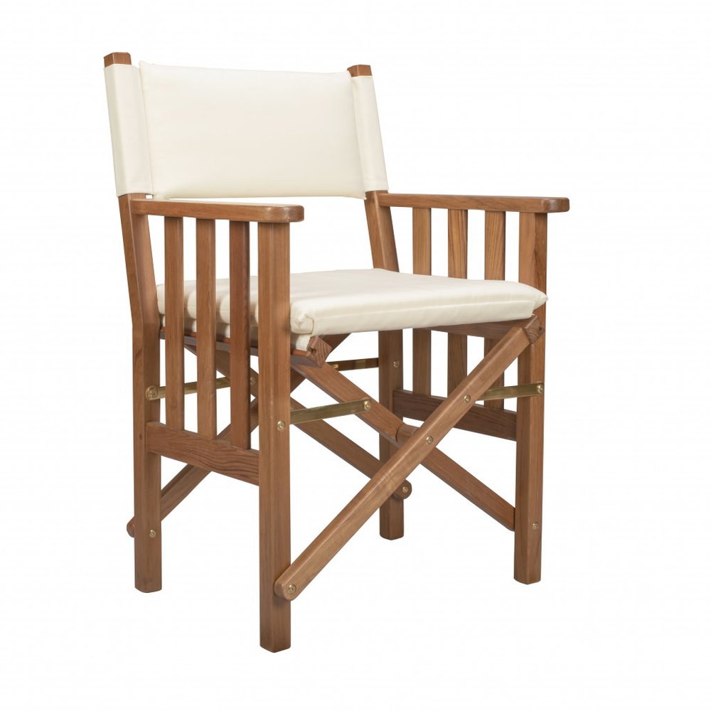 Ivory and Natural Wood Solid Wood Indoor Outdoor Director Chair with Ivory Cushion