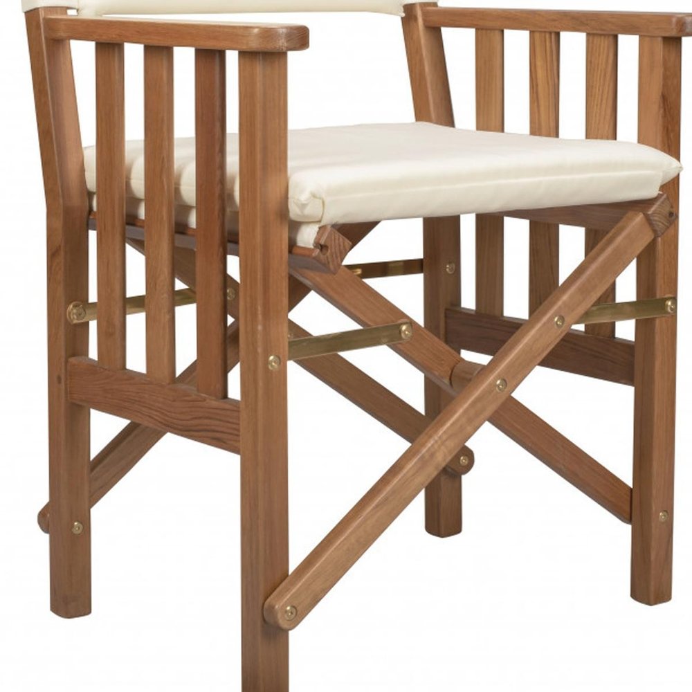Ivory and Natural Wood Solid Wood Indoor Outdoor Director Chair with Ivory Cushion