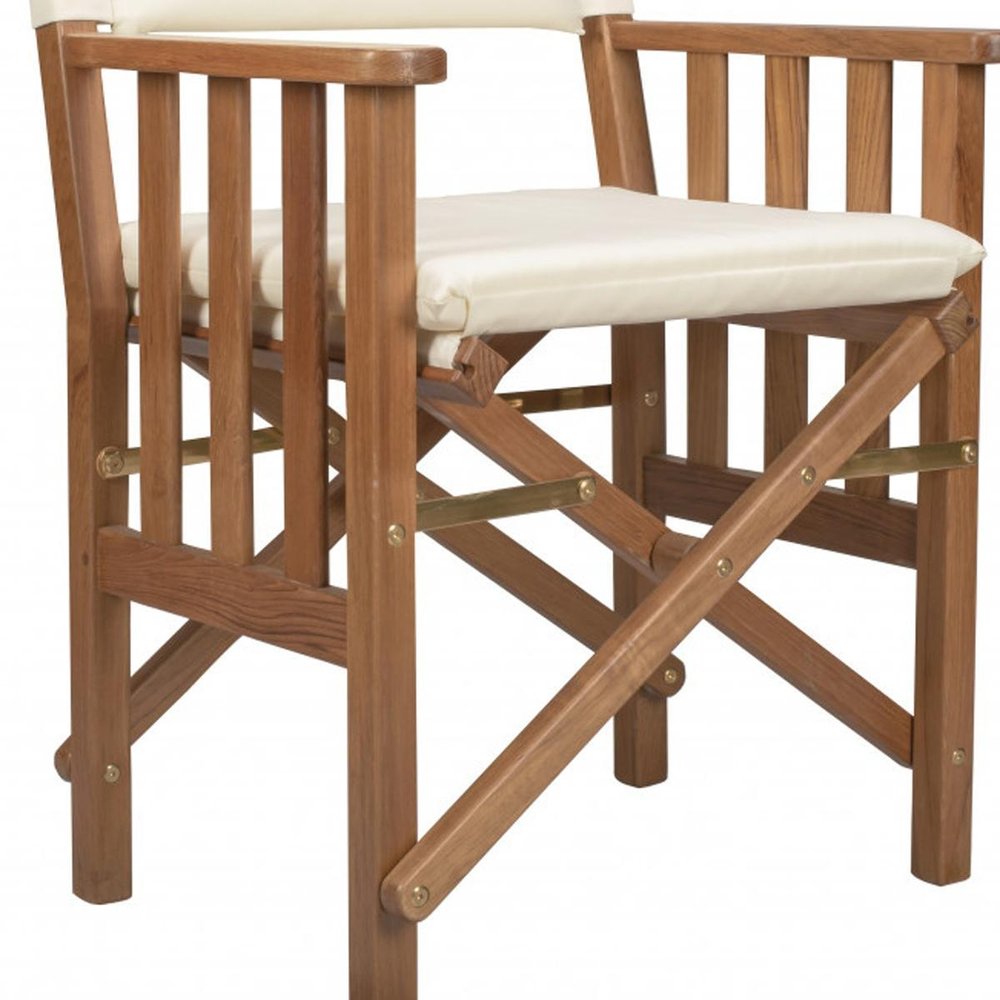 Ivory and Natural Wood Solid Wood Indoor Outdoor Director Chair with Ivory Cushion