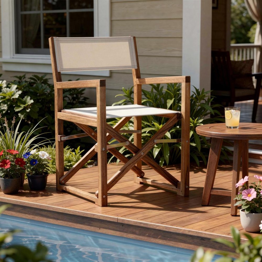 White and Natural Wood Solid Wood Indoor Outdoor Director Chair