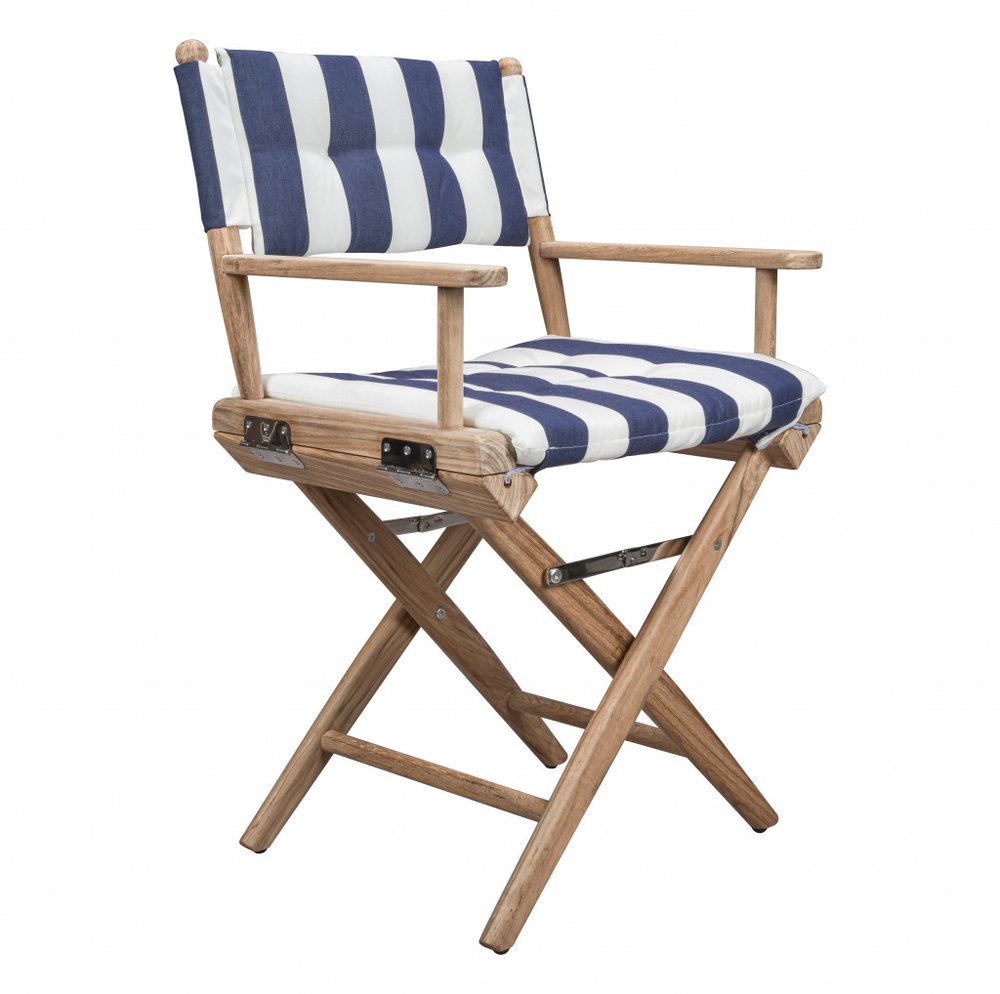 Blue and White and Natural Wood Solid Wood Indoor Outdoor Director Chair with Blue and White Cushion