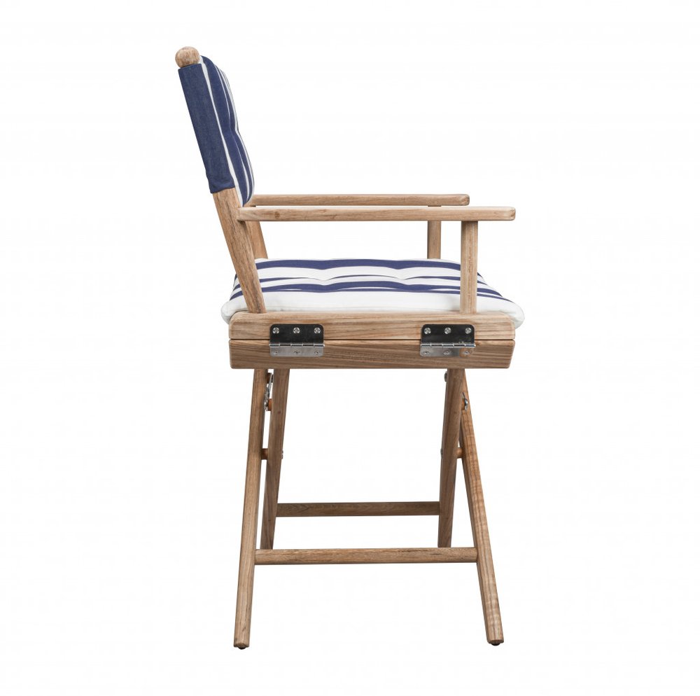 Blue and White and Natural Wood Solid Wood Indoor Outdoor Director Chair with Blue and White Cushion