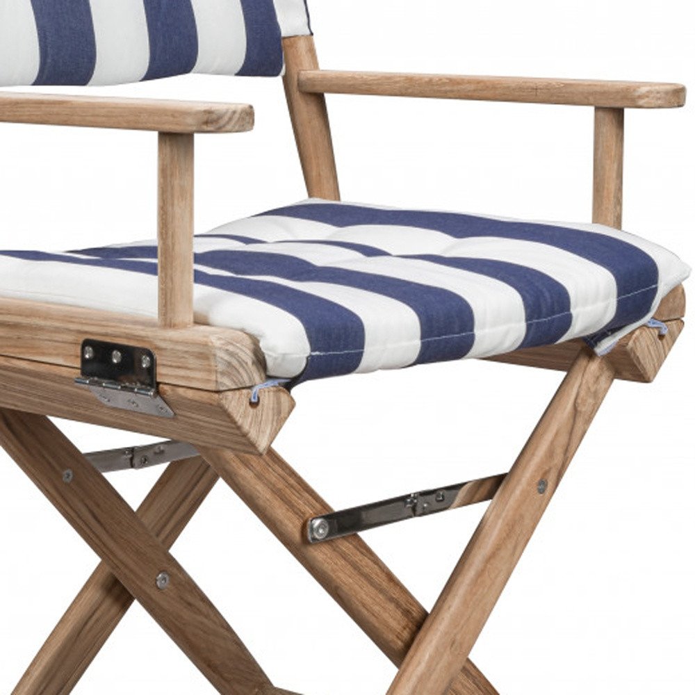 Blue and White and Natural Wood Solid Wood Indoor Outdoor Director Chair with Blue and White Cushion