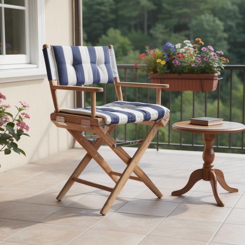 Blue and White and Natural Wood Solid Wood Indoor Outdoor Director Chair with Blue and White Cushion