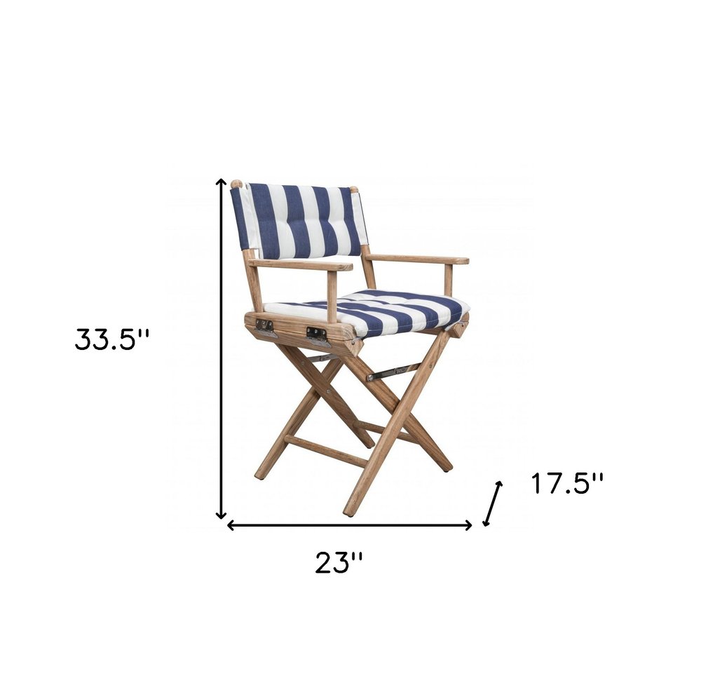 Blue and White and Natural Wood Solid Wood Indoor Outdoor Director Chair with Blue and White Cushion