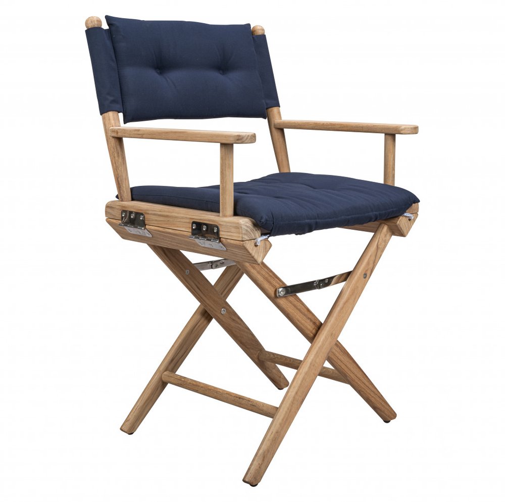 Navy Blue and Brown Solid Wood Director Chair with Navy Blue Cushion