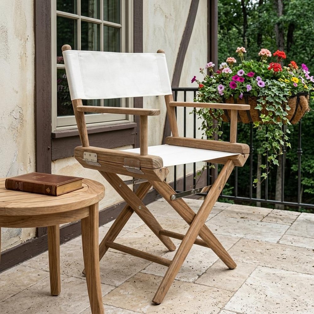 Brown and Ivory and Natural Wood Solid Wood Indoor Outdoor Director Chair