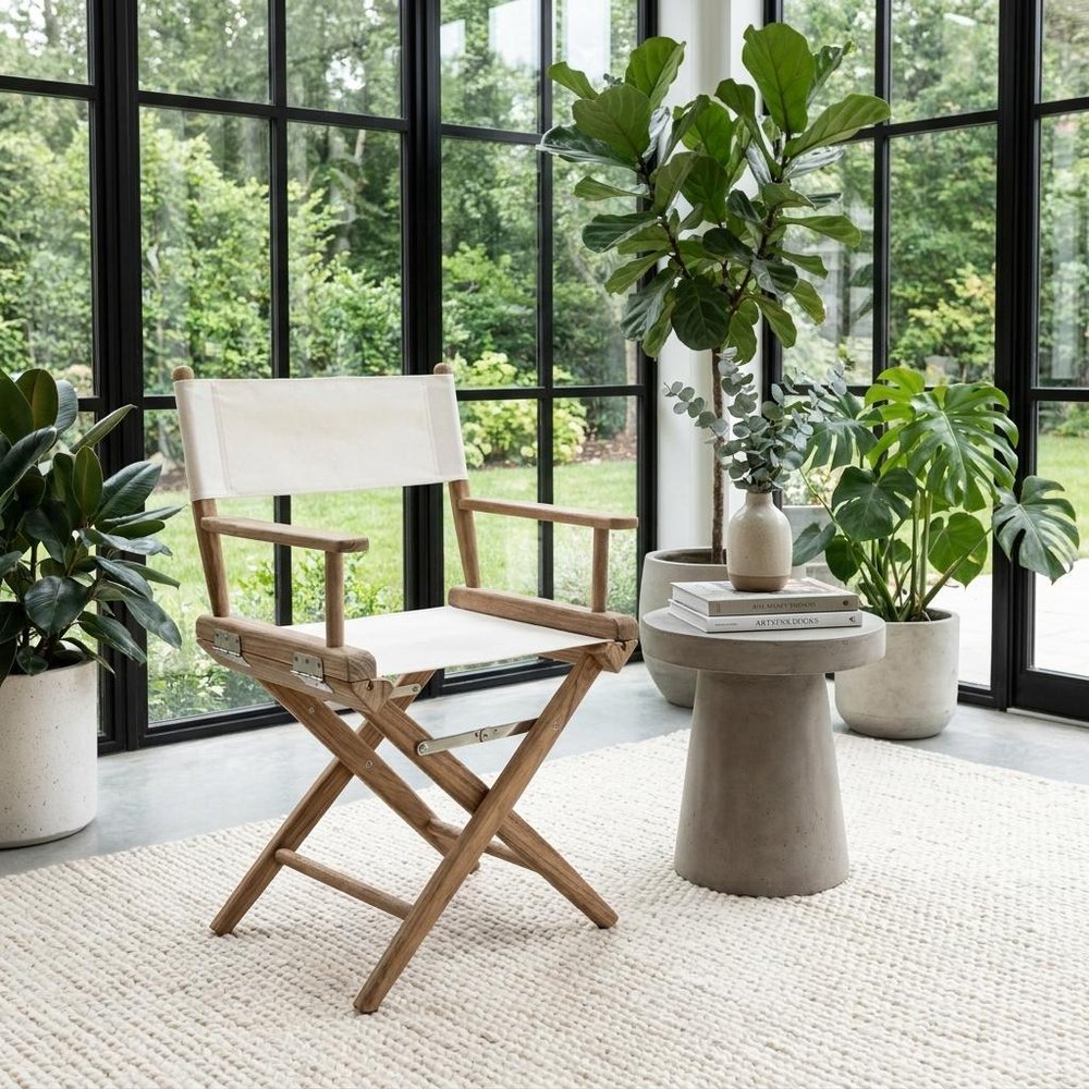 Brown and Ivory and Natural Wood Solid Wood Indoor Outdoor Director Chair