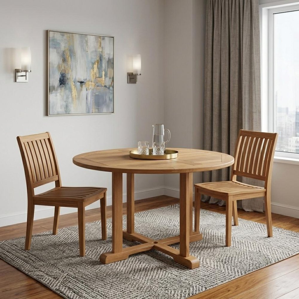 Brown Round Solid Teak Wood Dining Table - 48-inch