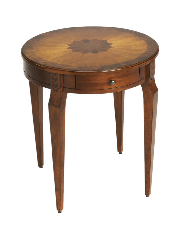 Medium Brown and Olive Ash Manufactured Wood Round End Table with Drawer