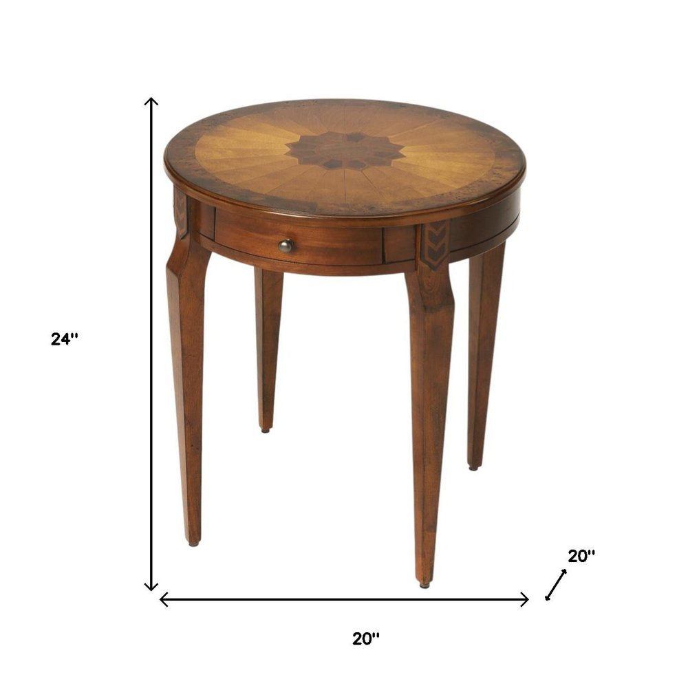 Medium Brown and Olive Ash Manufactured Wood Round End Table with Drawer