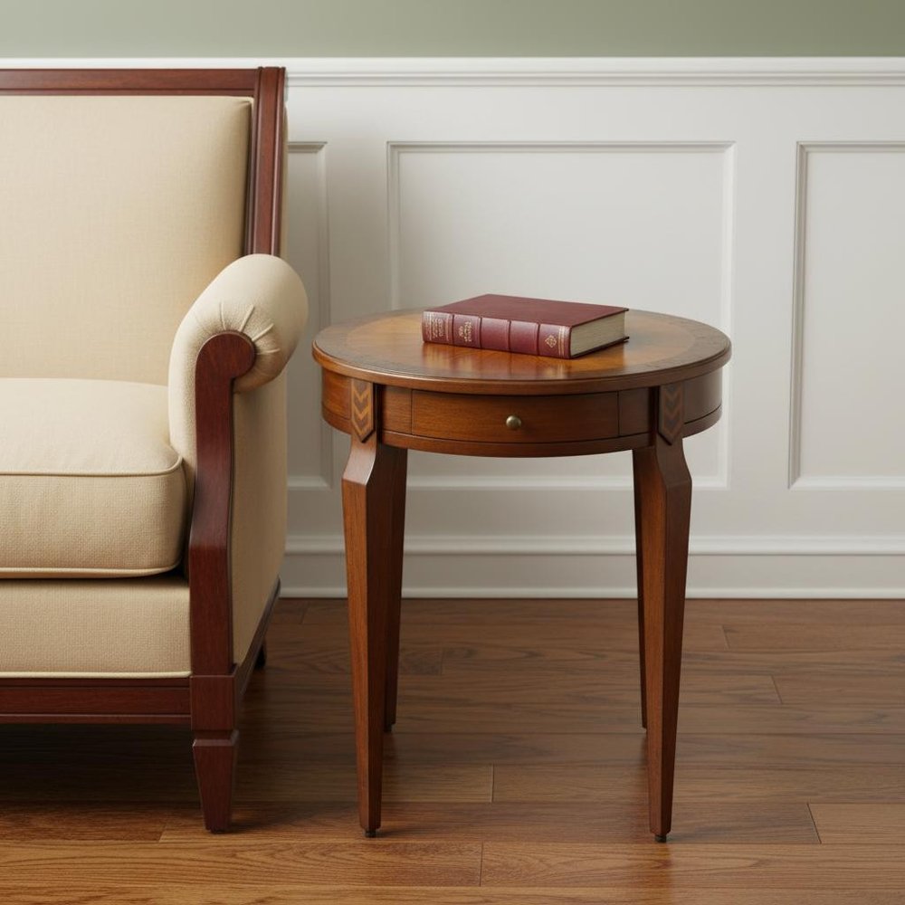 Medium Brown and Olive Ash Manufactured Wood Round End Table with Drawer