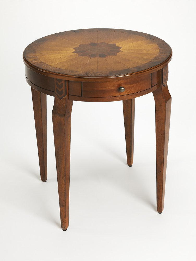 Medium Brown and Olive Ash Manufactured Wood Round End Table with Drawer