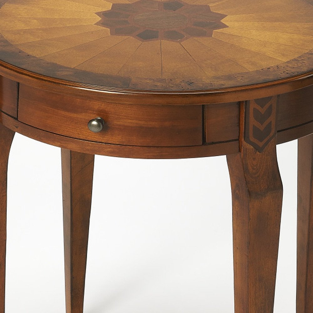 Medium Brown and Olive Ash Manufactured Wood Round End Table with Drawer