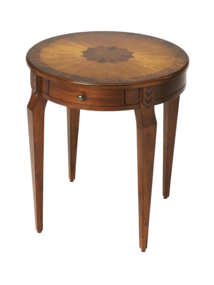 Medium Brown and Olive Ash Manufactured Wood Round End Table with Drawer
