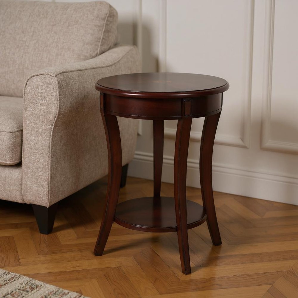 Dark Brown Wood and Wood Round End Table with Shelf - 26-inch