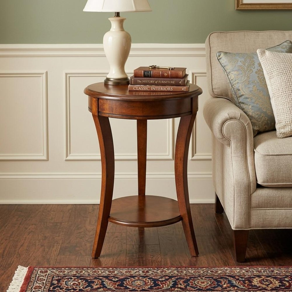Brown Wood and Wood Round End Table with Shelf - 26-inch