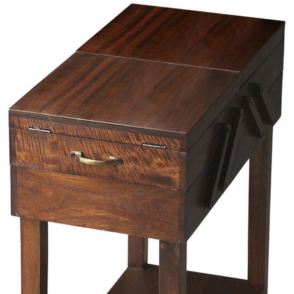 Dark Brown Solid Wood Rectangular End Table with Drawer and Shelf