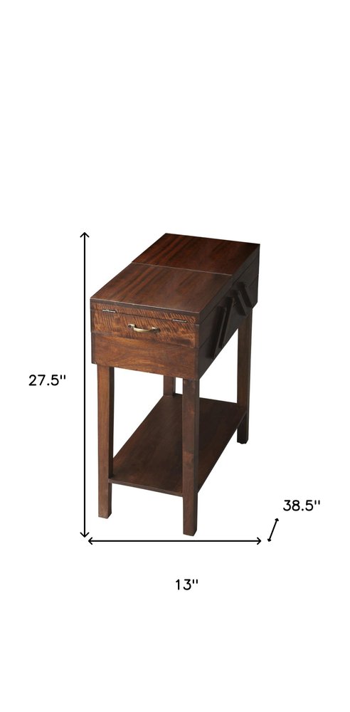 Dark Brown Solid Wood Rectangular End Table with Drawer and Shelf