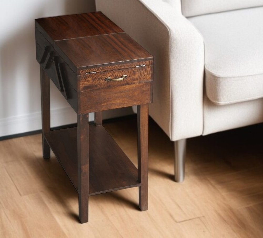 Dark Brown Solid Wood Rectangular End Table with Drawer and Shelf
