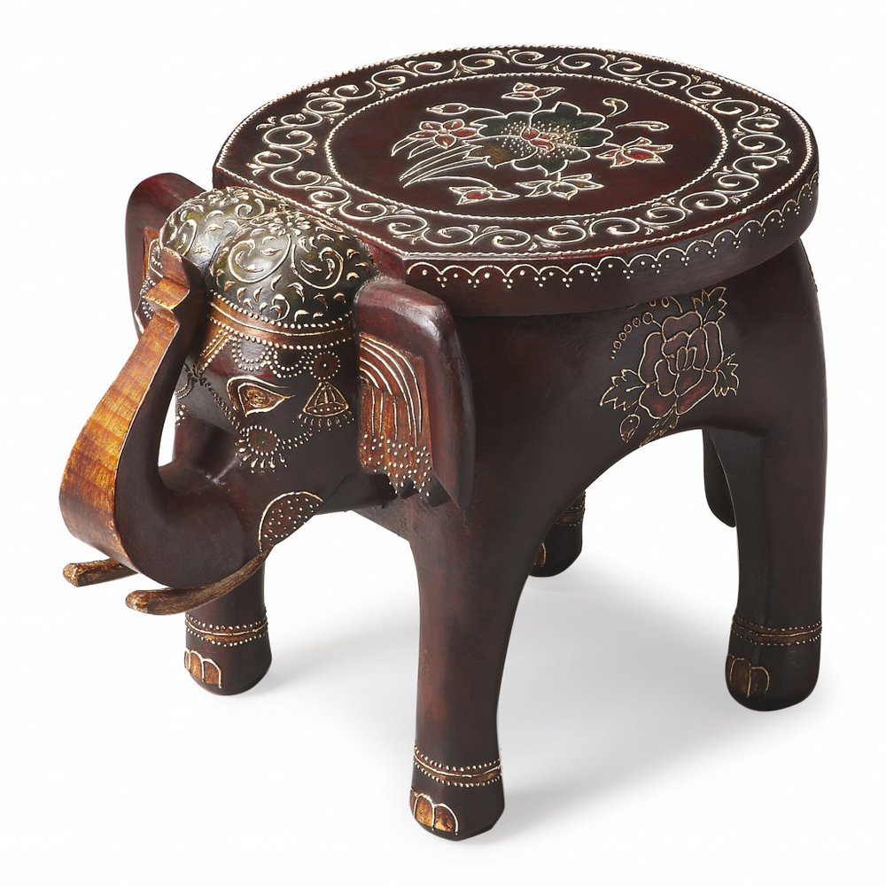 Brown Hand Painted Floral Three Dimensional Elephant End Table