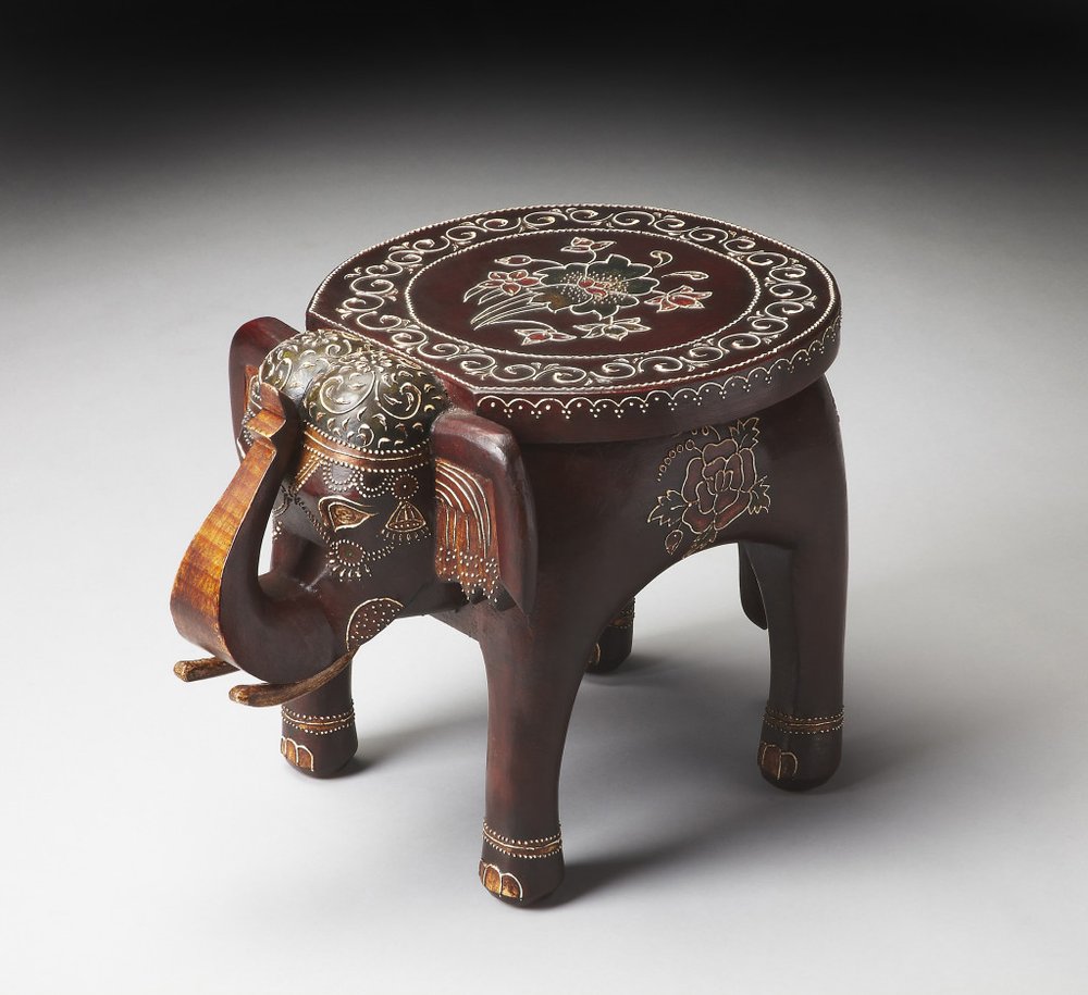 Brown Hand Painted Floral Three Dimensional Elephant End Table