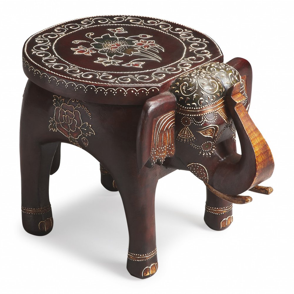 Brown Hand Painted Floral Three Dimensional Elephant End Table