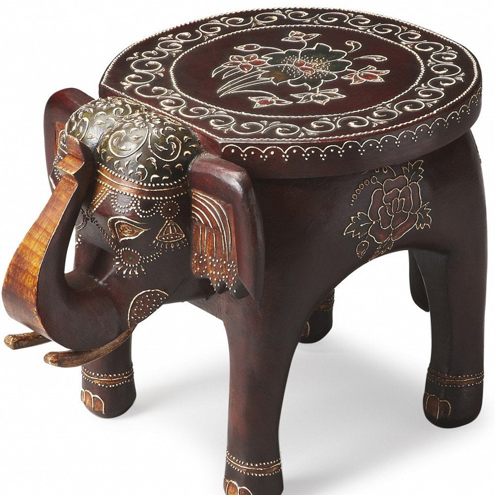 Brown Hand Painted Floral Three Dimensional Elephant End Table