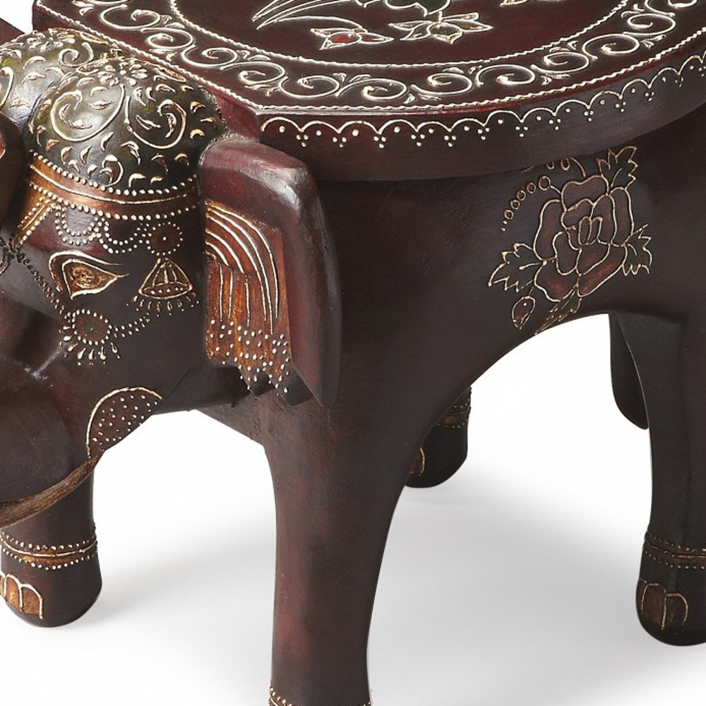 Brown Hand Painted Floral Three Dimensional Elephant End Table