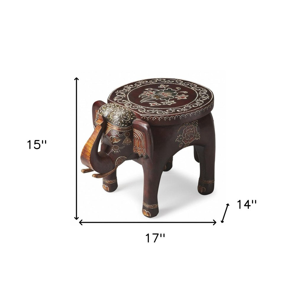 Brown Hand Painted Floral Three Dimensional Elephant End Table