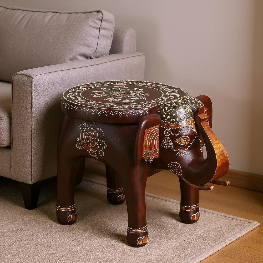 Brown Hand Painted Floral Three Dimensional Elephant End Table