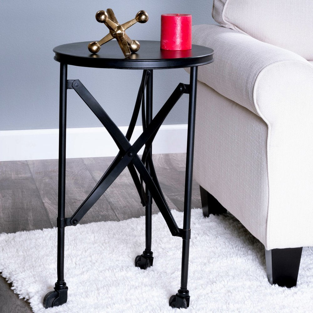 Black Industrial Rolling Round End Table - 23-inch