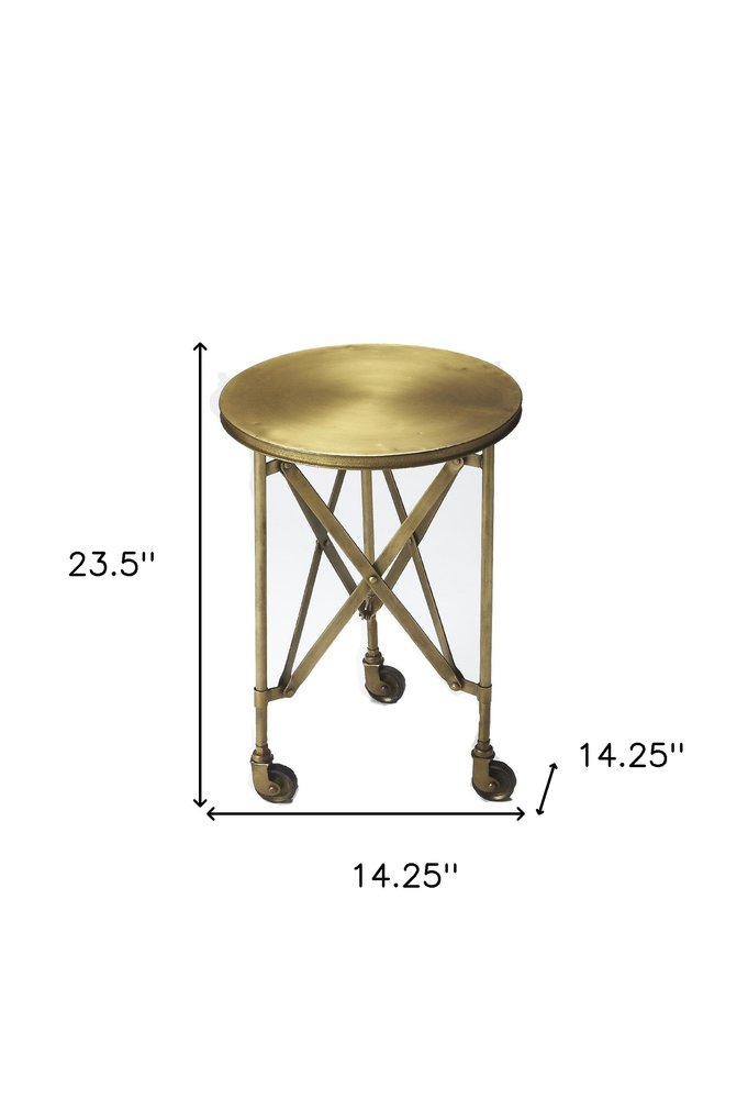 Antiqued Gold Iron Round Rolling End Table - 24-inch