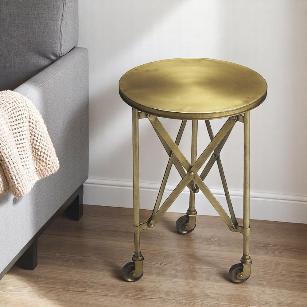 Antiqued Gold Iron Round Rolling End Table - 24-inch