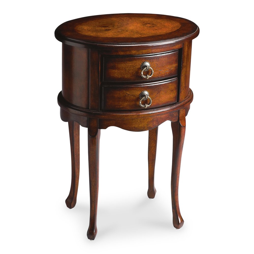 Dark Brown and Cherry Manufactured Wood Oval End Table with Two Drawers