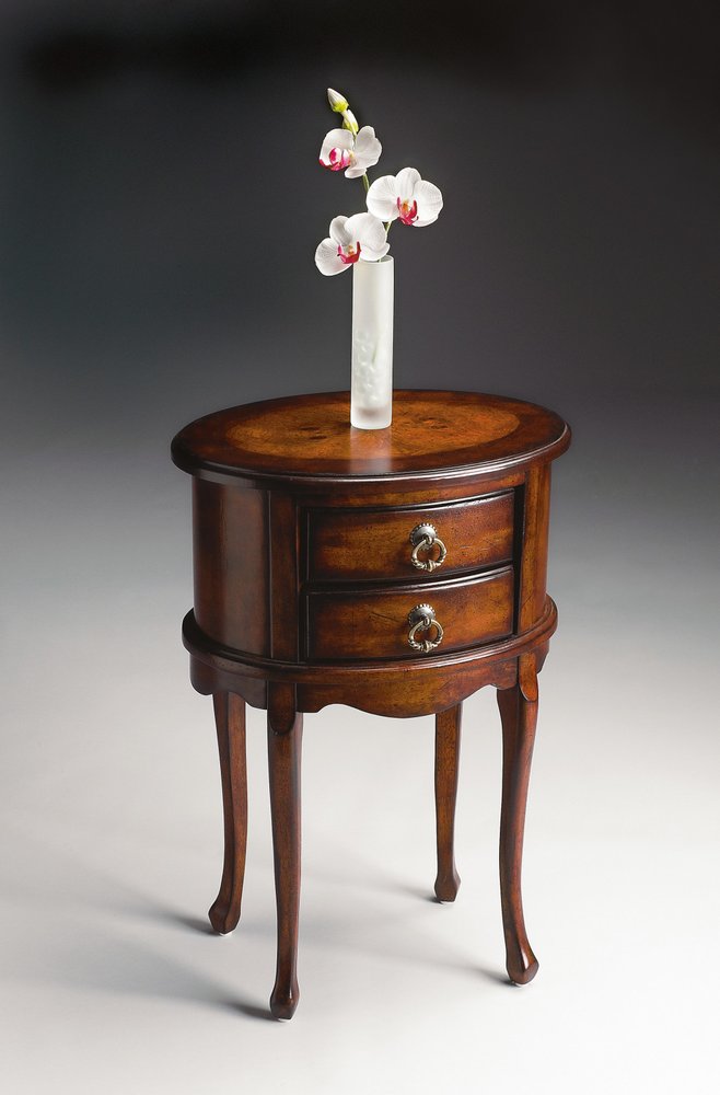 Dark Brown and Cherry Manufactured Wood Oval End Table with Two Drawers