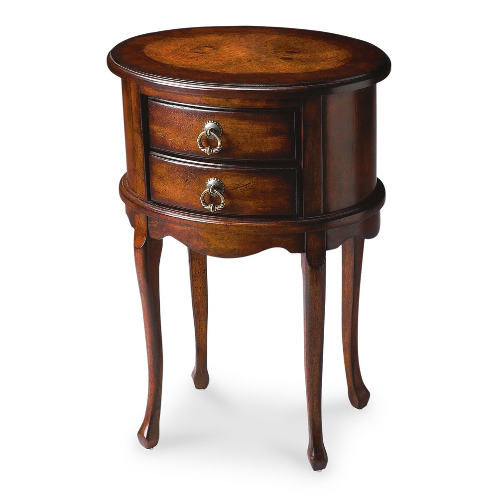 Dark Brown and Cherry Manufactured Wood Oval End Table with Two Drawers