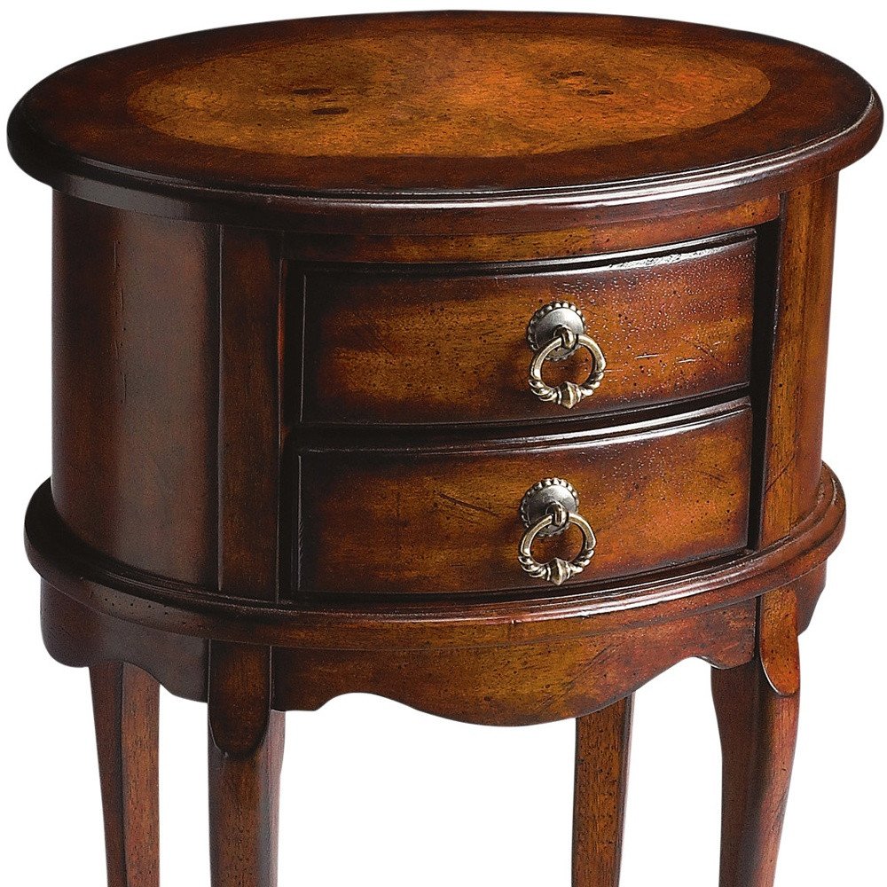 Dark Brown and Cherry Manufactured Wood Oval End Table with Two Drawers